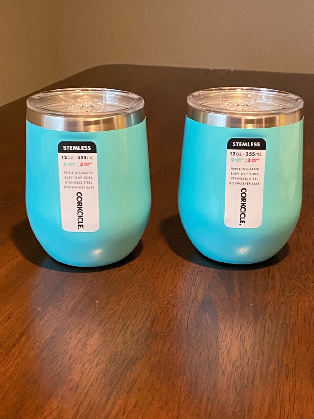 NIB Two Corkcicle Stemless Insulated Tumblers in Turquoise (Uline Branded)